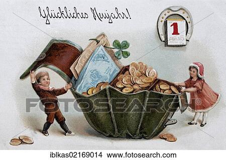 Happy New Year, children opening a purse filled with money, historical postcard, circa 1900 View Large Photo Image Picture - Happy New Year, children opening a purse filled with money, historical postcard, circa 1900. Fotosearch