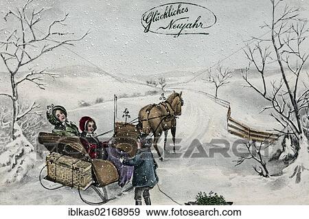 Happy New Year, children taking a sleigh ride in the snow, historical postcard, circa 1900 View Large Photo Image Stock Photo - Happy New Year, children taking a sleigh ride in the snow, historical postcard, circa 1900. Fotosearch