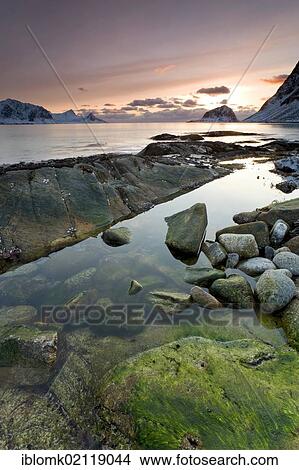 Picture - Haukland, Bay of Vikbukta on the Lofoten Island of Vestvågøya, Lofoten Islands, North Norway, Norway, Europe. Fotosearch