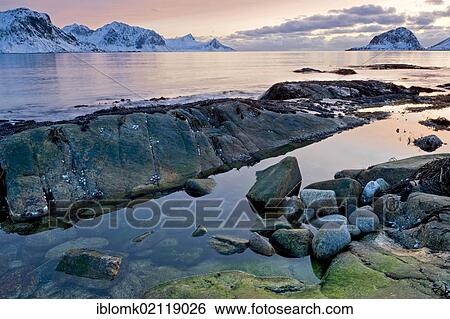 Stock Photograph - Haukland, Bay of Vikbukta on the Lofoten Island of Vestvågøya, Lofoten Islands, North Norway, Norway, Europe. Fotosearch