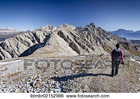 Stock Photograph - Hiker on Bepi Zac climbing route in San Pellegrino Valley above San Pellegrino Pass, looking towards Bela Costa Mountain and Marmolada Mountain, Dolomites, Trentino, Italy, Europe. Fotosearch