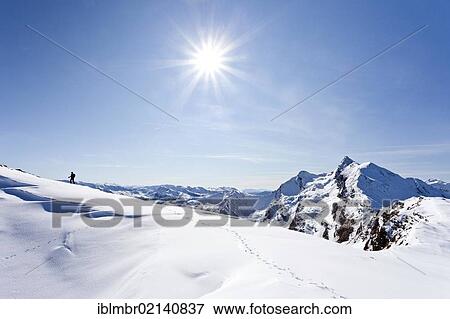 Stock Photo - Hiker on the Roethenspitz peak above the Penser Joch pass, behind the peak of Mt. Penser Weissenhorn, Sarn Valley, South Tyrol, Italy, Europe. Fotosearch