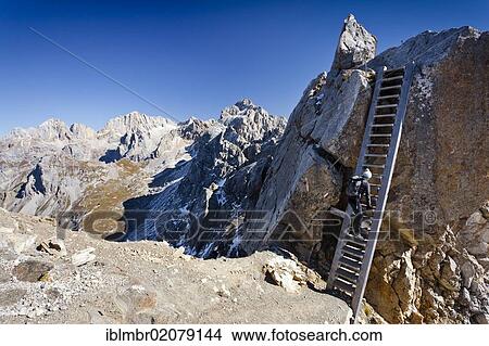 Picture - Hikeron Mt Costabella at the Bepi Zac via ferrata in the San Pellegrino valley, above the San Pellegrino pass, Mt Marmolada in the back, Trentino, Italy, Europe. Fotosearch
