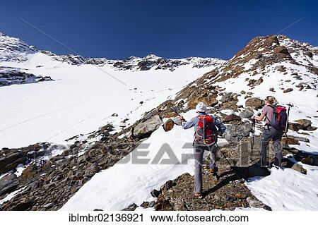 Stock Image - Hikers on Weissbrunnferner Mountain during the ascent to Hinterer Eggenspitz Mountain in the Val d'Ultimo above Gruensee Lake, Alto Adige, Italy, Europe. Fotosearch