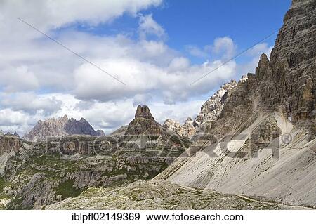 Stock Photo - Hiking trail, Three Peaks Hut, Dolomites, Alto Adige, Italy, Europe. Fotosearch
