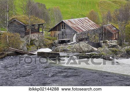 Stock Photo - Historic water mill on the E27, Norway, Europe. Fotosearch