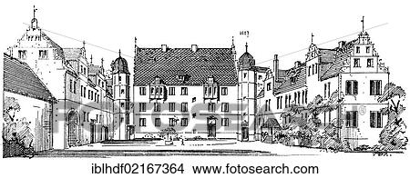 Historical architectural illustration from the 19th Century, 1875, buildings in the Weser Renaissance style, Schloss Schwoebber Castle, Hameln, Lower Saxony, Germany, Europe View Large Photo Image Picture - Historical architectural illustration from the 19th Century, 1875, buildings in the Weser Renaissance style, Schloss Schwoebber Castle, Hameln, Lower Saxony, Germany, Europe. Fotosearch