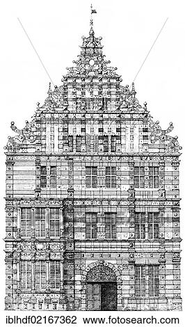 Stock Image - Historical architectural illustration from the 19th Century, 1875, facade in the Weser Renaissance style, the Pied Piper House from 1603, Hameln, Lower Saxony, Germany, Europe. Fotosearch
