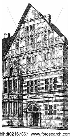 Historical architectural illustration from the 19th Century, 1875, facade in the Weser Renaissance style, Dempterhaus building from 1607, Hameln, Lower Saxony, Germany, Europe View Large Photo Image Stock Photo - Historical architectural illustration from the 19th Century, 1875, facade in the Weser Renaissance style, Dempterhaus building from 1607, Hameln, Lower Saxony, Germany, Europe. Fotosearch