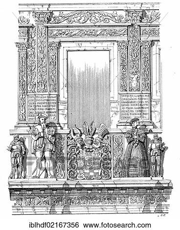 Stock Photograph - Historical architectural illustration from the 19th Century, 1873, facade in the Renaissance style, The Piast Dynasty Castle, detail of the facade, Brzeg or Brieg, a town in Silesia, Poland, Europe. Fotosearch