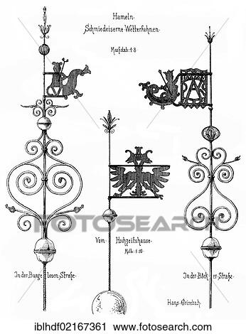 Historical architectural illustrations from the 19th Century, 1875, wrought-iron weather vanes in the style of the Renaissance, Hameln, Lower Saxony, Germany, Europe View Large Photo Image Stock Image - Historical architectural illustrations from the 19th Century, 1875, wrought-iron weather vanes in the style of the Renaissance, Hameln, Lower Saxony, Germany, Europe. Fotosearch