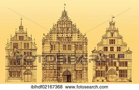 Historical architectural illustrations from the 19th Century, 1875, building facades in the Weser Renaissance style, Dempterhaus building, Pied Piper House, digitally edited photo montage, Hameln, Lower Saxony, Germany, Europe View Large Photo Image Stock Photo - Historical architectural illustrations from the 19th Century, 1875, building facades in the Weser Renaissance style, Dempterhaus building, Pied Piper House, digitally edited photo montage, Hameln, Lower Saxony, Germany, Europe. Fotosearch