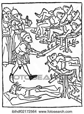 Historical illustration from the 19th century, torture of the Jews, wearing Jewish hats, after a woodcut from 1475, example of Christian anti-Judaism in the 15th century in Germany View Large Photo Image Picture - Historical illustration from the 19th century, torture of the Jews, wearing Jewish hats, after a woodcut from 1475, example of Christian anti-Judaism in the 15th century in Germany. Fotosearch