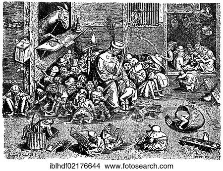 Historical illustration from the 19th Century, satirical depiction of a school in the 16th Century with a teacher spanking a child View Large Photo Image Picture - Historical illustration from the 19th Century, satirical depiction of a school in the 16th Century with a teacher spanking a child. Fotosearch