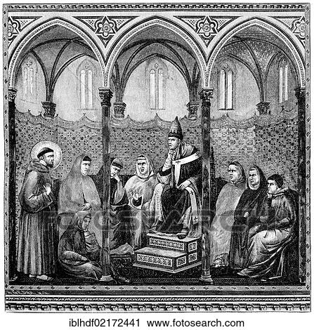 Stock Image - Historical illustration from the 19th Century, Saint Francis preaching in front of Pope Honorius III or Cencio Savelli, 1148 - 1227, after a painting by Giotto di Bondone, 1267 - 1337, an Italian painter in the 13th Century. Fotosearch