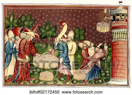 Stock Image - Historical illustration from the 19th Century, representation based on the novel Il Filocolo, 1336 - 1339, Filocolo being smuggled hidden among flowers into a tower, by Giovanni Boccaccio, 1313 - 1375, an Italian writer, a Democrat, poet and humanist. Fotosearch