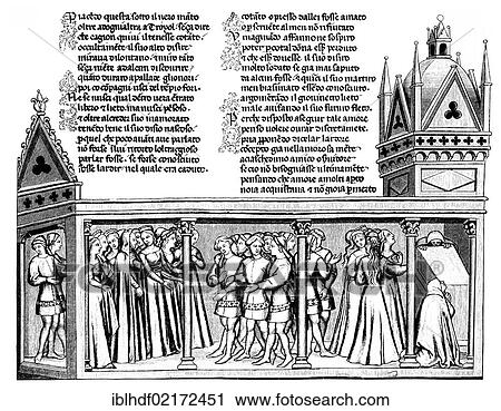 Stock Image - Historical illustration from the 19th Century, representation after the epic Il Filostrato, Troilus and Griseida, 1335, by Giovanni Boccaccio, 1313 - 1375, an Italian writer, a Democrat, poet and humanist. Fotosearch