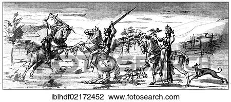Stock Image - Historical illustration from the 19th Century, the Duel of Palamon and Arcite for Emilia, scene from the Teseida by Giovanni Boccaccio, 1313 - 1375, an Italian writer, a Democrat, a poet and an important representative of humanism. Fotosearch