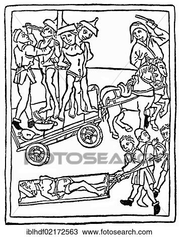 Stock Image - Historical illustration from the 19th century, torture of the Jews, wearing Jewish hats, after a woodcut from 1475, example of Christian anti-Judaism in the 15th century in Germany. Fotosearch