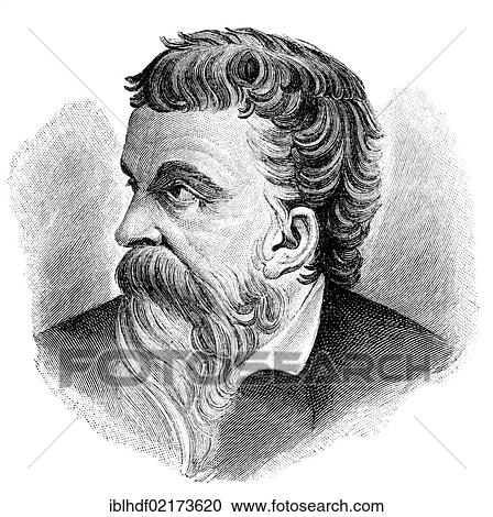 Stock Image - Historical illustration from the 19th Century, portrait of Benvenuto Cellini, 1500 - 1571, an Italian sculptor, goldsmith and Mannerist. Fotosearch