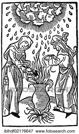 Historical illustration from the 19th Century, two witches making weather with thunder and hail, after a woodcut from 1489 View Large Photo Image Stock Photo - Historical illustration from the 19th Century, two witches making weather with thunder and hail, after a woodcut from 1489. Fotosearch