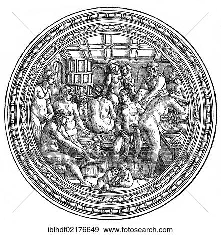 Historical illustration from the 19th Century, contemporary personal hygiene in a women's bathhouse, after a painting by Hans Sebald Beham from 1500 View Large Photo Image Stock Photo - Historical illustration from the 19th Century, contemporary personal hygiene in a women's bathhouse, after a painting by Hans Sebald Beham from 1500. Fotosearch