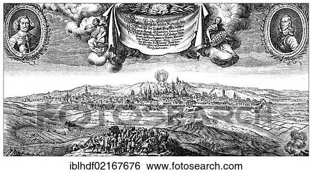 Stock Photograph - Historical illustration from the 19th Century, the siege of Prague by the Swedish military, the Thirty Years' War, 1648. Fotosearch