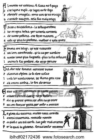 Stock Photograph - Historical illustration from the 19th Century, a page from Sayings about the nature of women, Latin text from the 13th Century. Fotosearch