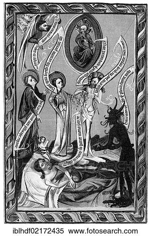 Stock Photography - Historical illustration from the 19th Century after a religious manuscript from the 14th Century, Virgin Mary and the Devil. Fotosearch