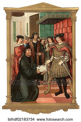 Historical print from the 19th century, from a manuscript dating from the 16th century, Guillaume Dubois also known as Guillaume Cretin, around 1460 - 1525, a French poet, presenting a book of his works to the King of France, Francis I, 1494 - 1547 View Large Photo Image Picture - Historical print from the 19th century, from a manuscript dating from the 16th century, Guillaume Dubois also known as Guillaume Cretin, around 1460 - 1525, a French poet, presenting a book of his works to the King of France, Francis I, 1494 - 1547. Fotosearch