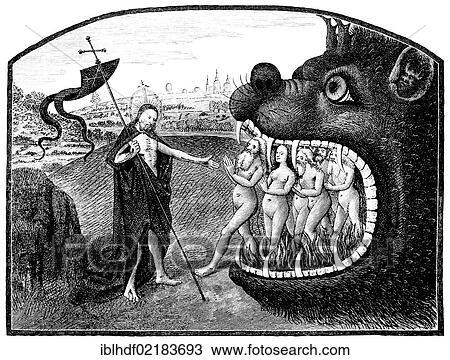 Stock Image - Historical print from the 19th century, from a manuscript dating from the 15th century, Christ freeing the patriarchs, prose-Merlin of the redemption story of Perceval. Fotosearch