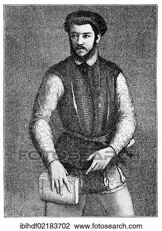 Stock Image - Historical print from the 19th century, portrait of Clement Marot, 1496 - 1544, a French poet. Fotosearch