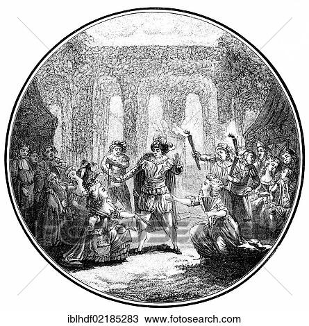 Stock Image - Historical print from the 19th century, scene from the French comedy La Folle Journée ou le Mariage de Figaro or The great day and the Marriage of the Figaro, by Pierre-Augustin Caron de Beaumarchais, 1732 - 1799, a French entrepreneur and writer. Fotosearch