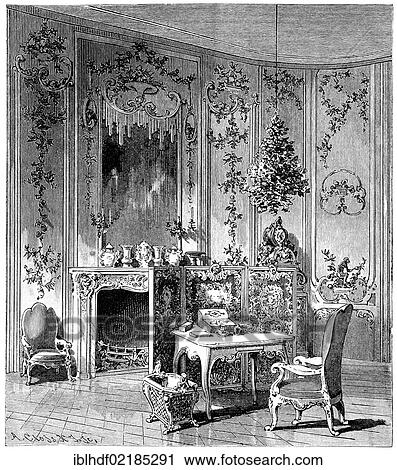 Stock Image - Historical print from the 19th century, Voltaire room in the Sanssouci Palace in Potsdam, Brandenburg, Germany, Europe. Fotosearch