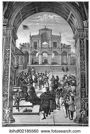 Stock Image - Historical print from the 19th century, coronation of Enea Silvio Piccolomini, 1405 - 1464, Pope Pius II, of the Catholic Church by Frederick III, 1415 -1493, Emperor of the Holy Roman Empire. Fotosearch