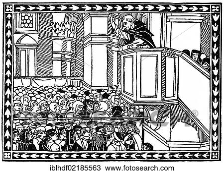 Stock Image - Historical print from the 19th century, Girolamo Hieronymus Savonarola preaching from the pulpit, 1452 - 1498, an Italian Dominican preacher and preacher of repentance. Fotosearch