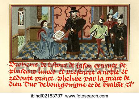 Historical print from the 19th century, from a manuscript dating from the 15th century, Raoul Lefevre also known as Raoul Le Fevre presenting his book L'Histoire de Jason to Philip the Good, duke of Burgundy, 1396 - 1467 View Large Photo Image Stock Photo - Historical print from the 19th century, from a manuscript dating from the 15th century, Raoul Lefevre also known as Raoul Le Fevre presenting his book L'Histoire de Jason to Philip the Good, duke of Burgundy, 1396 - 1467. Fotosearch