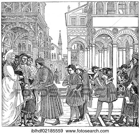 Stock Photo - Historical print from the 19th century, a school in Italy in the 15th century. Fotosearch