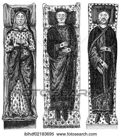 Stock Photography - Historical print from the 19th century, grave sculptures, Eleanor of Aquitaine, Henry II of England and Richard the Lionheart, Fontevraud Abbey, a monastery in Fontevraud l'Abbaye, Anjou, France, Europe. Fotosearch