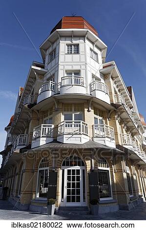 Stock Image - Hotel Belle Vue, historic façade, De Haan, West Flanders, Belgium, Europe. Fotosearch