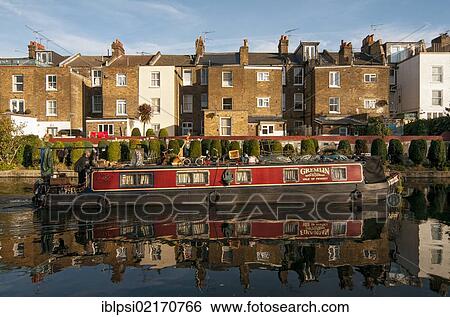 Stock Photograph - Houseboat, narrowboat, on the Grand Union Canal, Maida Vale, Little Venice, London, England, United Kingdom, Europe. Fotosearch