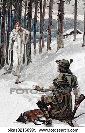 Hunter with a crossbow encountering a mysterious white woman in a snow-covered forest, historical postcard, circa 1900 View Large Photo Image Stock Photography - Hunter with a crossbow encountering a mysterious white woman in a snow-covered forest, historical postcard, circa 1900. Fotosearch