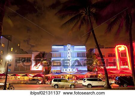 Illuminated Art Deco hotels along famous Ocean Drive in South Beach, Miami Beach, Florida, USA, North America View Large Photo Image Stock Photo - Illuminated Art Deco hotels along famous Ocean Drive in South Beach, Miami Beach, Florida, USA, North America. Fotosearch