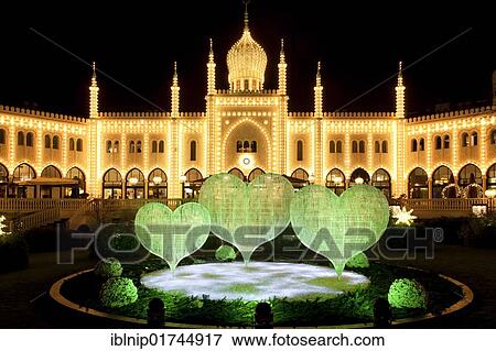 Illuminated hearts, Christmas decoration in front of restaurant Nimb in Tivoli, Copenhagen, Denmark, Europe View Large Photo Image Stock Photo - Illuminated hearts, Christmas decoration in front of restaurant Nimb in Tivoli, Copenhagen, Denmark, Europe. Fotosearch