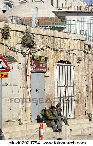 Picture - Israeli soldiers in the Christian Quarter in the Old City of Jerusalem, Israel, Middle East, Asia. Fotosearch