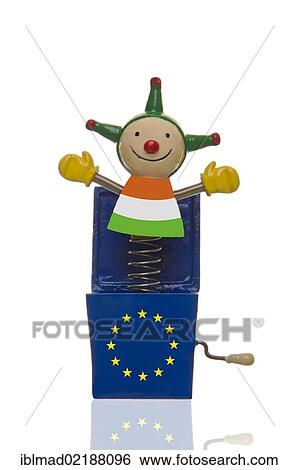 Stock Photograph - Jack in the Box, box devil, with EU stars and the Irish flag, symbolic images for Ireland and the euro crisis. Fotosearch