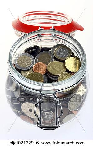 Jar used as a piggy bank with euro coins View Large Photo Image Stock Photograph - Jar used as a piggy bank with euro coins. Fotosearch
