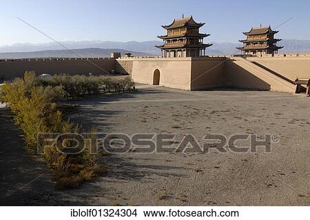 Jiayuguan fortress with two gatehouses at the western end of the Great Wall, Silk Road, Gansu, China, Asia View Large Photo Image Picture - Jiayuguan fortress with two gatehouses at the western end of the Great Wall, Silk Road, Gansu, China, Asia. Fotosearch