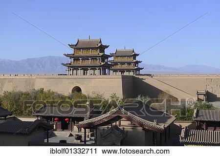 Stock Image - Jiayuguan Fortress with two gatehouses at the western end of the Great Wall of China, Silk Road, Gansu, China, Asia. Fotosearch