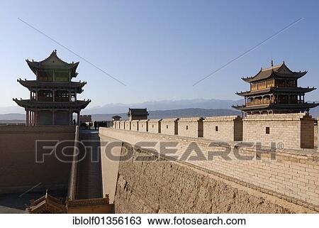 Stock Image - Jiayuguan fortress with two gatehouses at the western end of the Great Wall, Silk Road, Gansu, China, Asia. Fotosearch